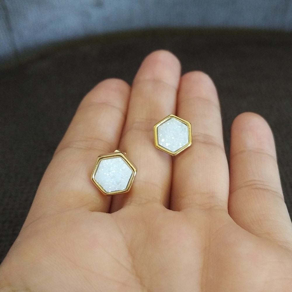 Luna🌙 Norte White Druzy Quartz Hexagon Earrings - Picture 6 of 13